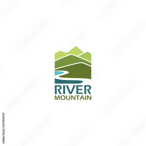 Mountain landscape, peak river creek logo vector template