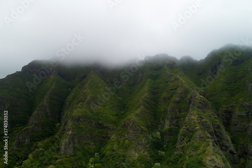 Aerial view of lush, green Hawaiian Mountains
