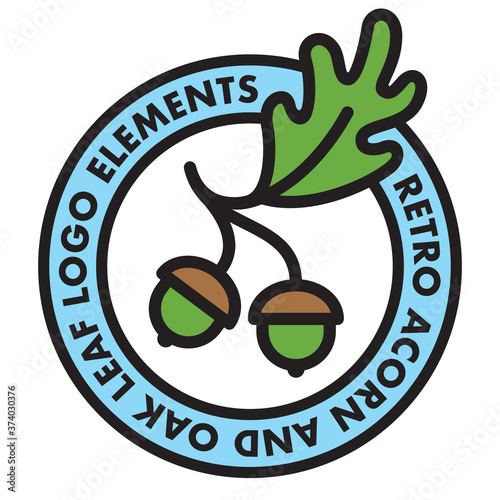 Acorn and oak leaf vector design. 
Retro flat design badge featuring oak tree elements with bold outline.