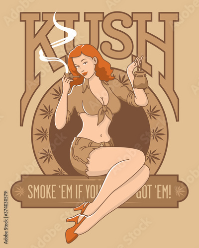 Retro cannabis marijuana kush pinup girl design. Sepia tone vector illustration of beautiful woman smoking pipe with marijuana leaves and kush letters.