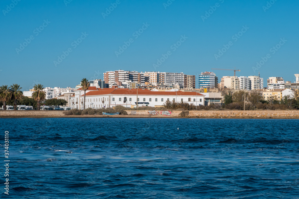 Faro, Portugal - December 18, 2017: City of Faro view from the boat
