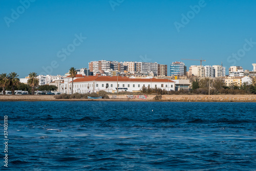 Faro, Portugal - December 18, 2017: City of Faro view from the boat