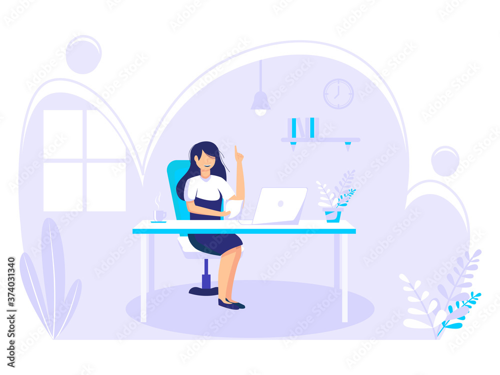 Home office concept, Woman working from home, student or freelancer. Vector illustration in flat style.