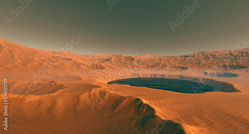 Water on Mars like Planet inside of a Crater. Extremely detailed and realistic 3d illustration