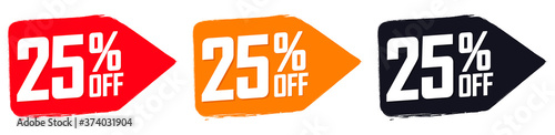 Set Sale 25% off banners, discount tags design template, extra promo, brush grunge, vector illustration