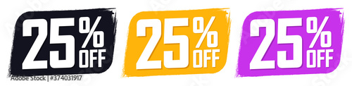 Set Sale 25% off banners, discount tags design template, extra promo, brush grunge, vector illustration