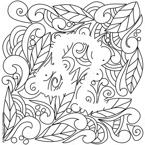 coloring page using negative space, silhouette of the zodiac sign leo, doodle patterns of leaves and curls, vector outline illustration