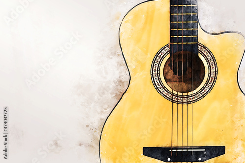Canvas Print Abstract colorful acoustic guitar in the foreground on Watercolor painting background and Digital illustration brush to art