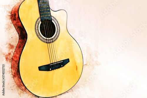 Canvas Print Abstract colorful acoustic guitar in the foreground on Watercolor painting background and Digital illustration brush to art