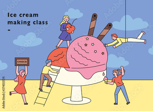 People are topping ice cream around the giant ice cream. flat design style minimal vector illustration.