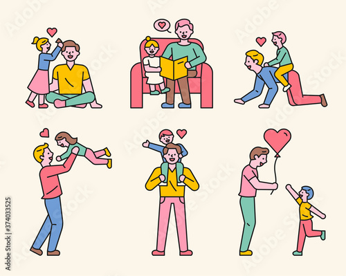 Father and children are having a great time together. flat design style minimal vector illustration.