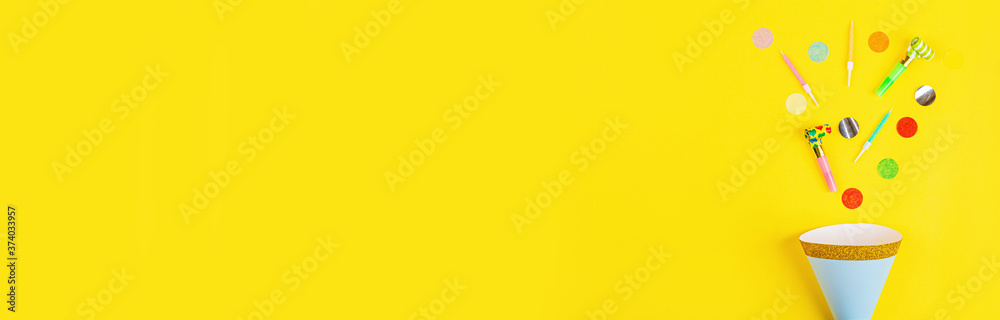 Birthday background, top view. Flat lay style. Mockup, template with copy space. Horizontal long banner for web design Birthday background, top view. Flat lay style. Mockup, template with copy space. Horizontal long banner for web design