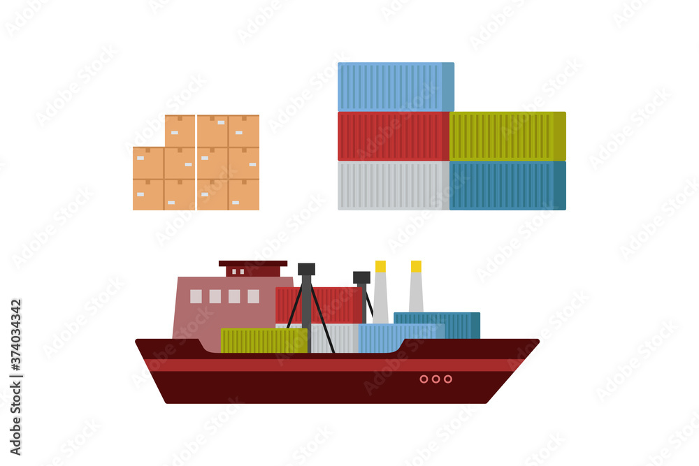 Delivery of goods by ship with container and box set flat design on white background