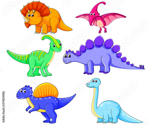 Set of dinosaurs including T-rex  Brontosaurus  Triceratops  Velociraptor  Pteranodon  Allosaurus