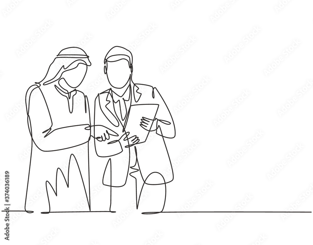 Single continuous line drawing of young muslim analyzing and discussing annual business report with his colleague. Arab middle east cloth shmagh, thawb, robe. One draw design vector illustration
