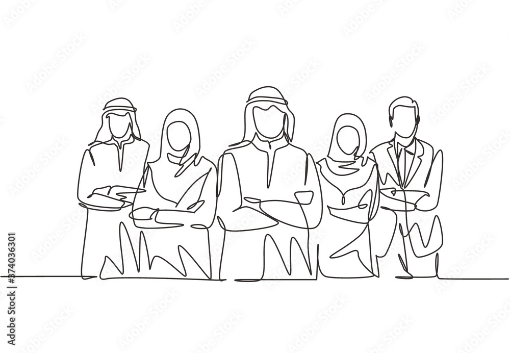 One continuous line drawing group of young muslim and multi ehtnic businessman businesswoman line up together. Islamic clothing scarf, keffiyeh, hijab suit. Single line draw design vector illustration