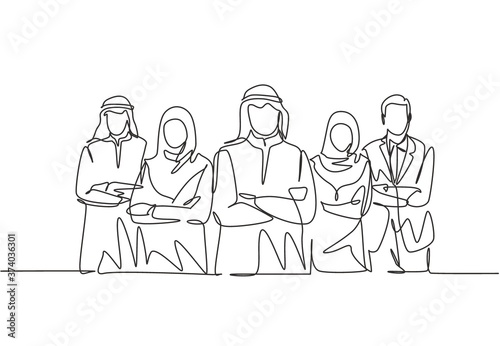 One continuous line drawing group of young muslim and multi ehtnic businessman businesswoman line up together. Islamic clothing scarf, keffiyeh, hijab suit. Single line draw design vector illustration
