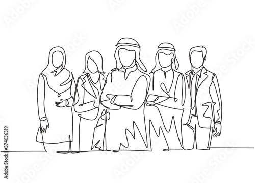 One continuous line drawing group of young muslim and multi ethnic manager pose standing together. Islamic clothing shemag, kandura, scarf, hijab, veil. Single line draw design vector illustration