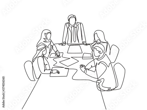 One continuous line drawing of young startup businessman do presentation to muslim investor community. Islamic clothing kandura, scarf, keffiyeh, hijab. Single line draw design vector illustration