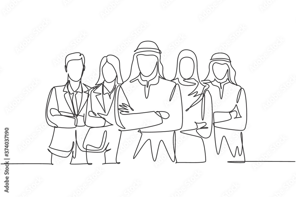 One single line drawing of young happy male and female muslim workers line up together. Saudi Arabia cloth shmag, kandora, headscarf, thobe, hijab. Continuous line draw design vector illustration