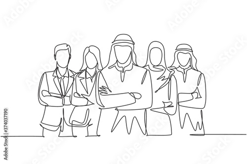 One single line drawing of young happy male and female muslim workers line up together. Saudi Arabia cloth shmag  kandora  headscarf  thobe  hijab. Continuous line draw design vector illustration