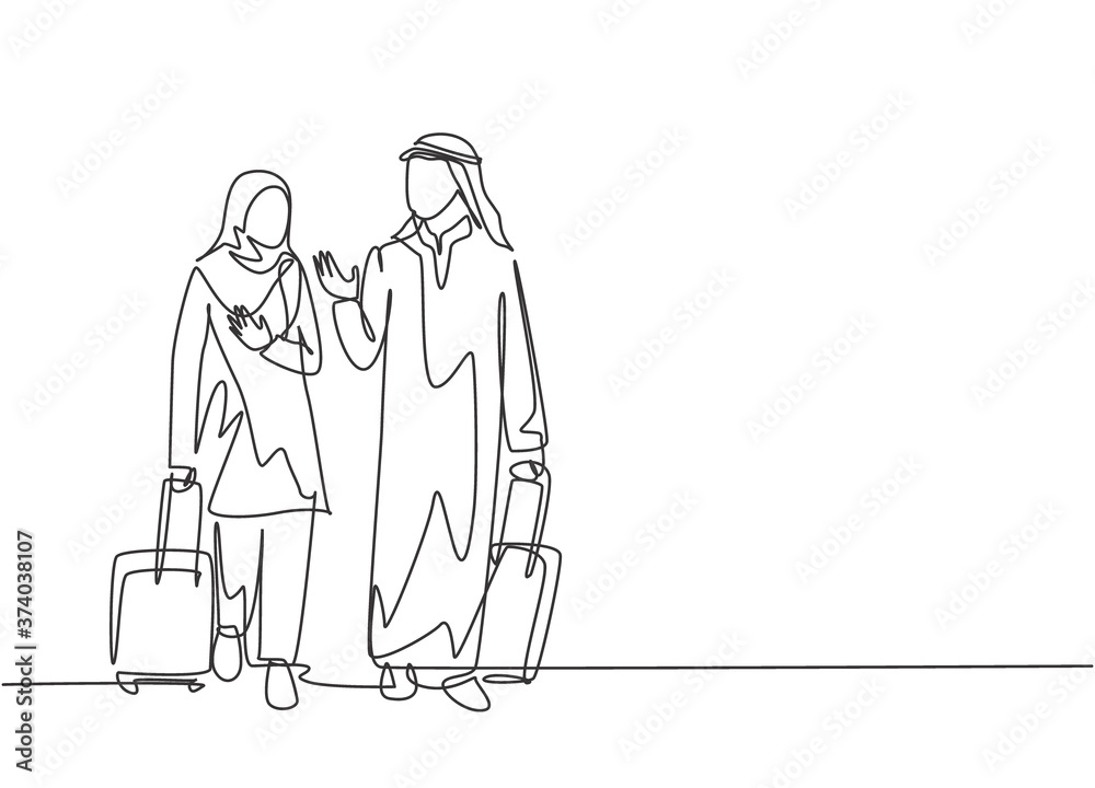 Single continuous line drawing of young male and female muslim managers talking after do business trip abroad. Arab middle east cloth kandura, thawb, hijab. One line draw design vector illustration