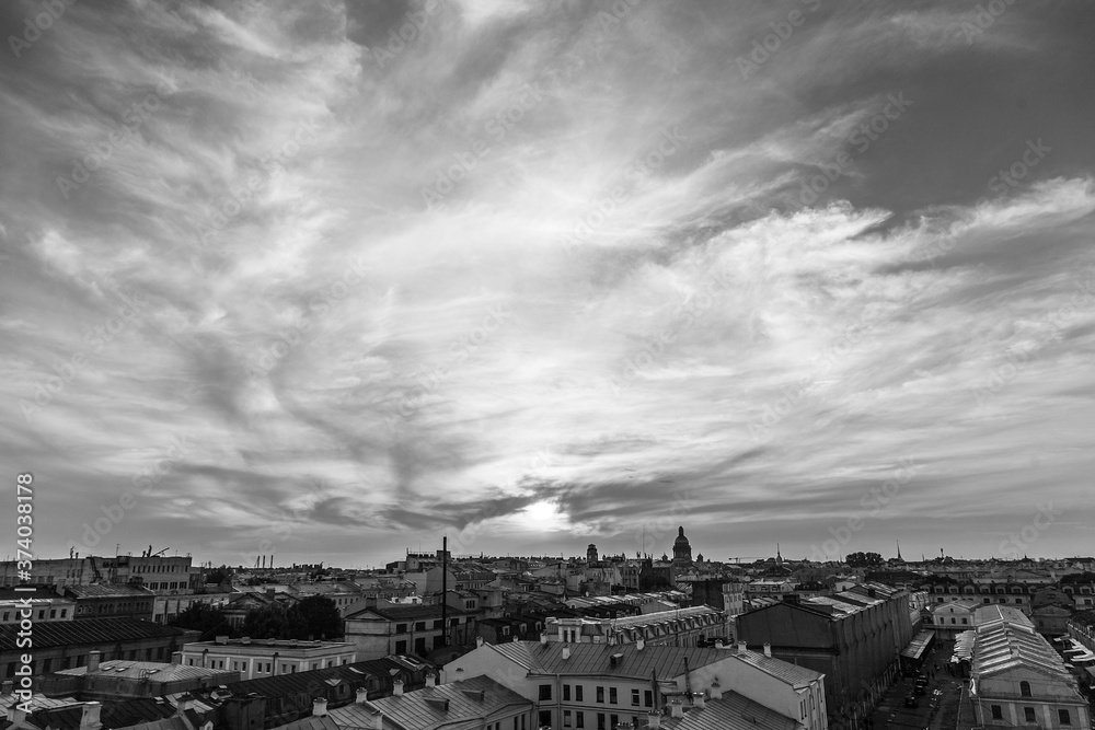 Sunset  rooftop cityscape  of Saint Petersburg