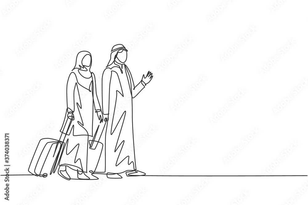 One single line drawing of young happy male and female muslim employees after do business trip. Saudi Arabia cloth shmag, kandora, thobe, ghutra, hijab. Continuous line draw design vector illustration