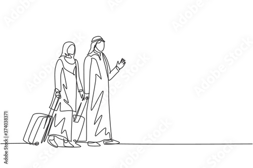 One single line drawing of young happy male and female muslim employees after do business trip. Saudi Arabia cloth shmag, kandora, thobe, ghutra, hijab. Continuous line draw design vector illustration
