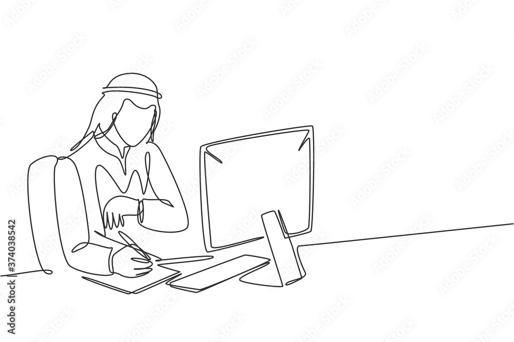 One continuous line drawing of young male muslim businessman watching to his wristwatch while finish his works. Islamic clothing shemag, kandura, keffiyeh. Single line draw design vector illustration One continuous line drawing of young male muslim businessman watching to his wristwatch while finish his works. Islamic clothing shemag, kandura, keffiyeh. Single line draw design vector illustration