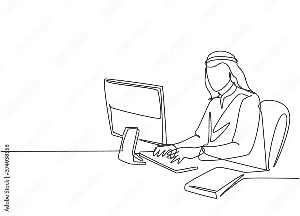 Single continuous line drawing of young male muslim worker typing a business documents on office computer. Arab middle east cloth shmagh, kandura, thawb, robe. One line draw design vector illustration Single continuous line drawing of young male muslim worker typing a business documents on office computer. Arab middle east cloth shmagh, kandura, thawb, robe. One line draw design vector illustration