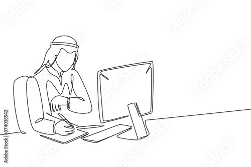 One continuous line drawing of young male muslim businessman watching to his wristwatch while finish his works. Islamic clothing shemag, kandura, keffiyeh. Single line draw design vector illustration