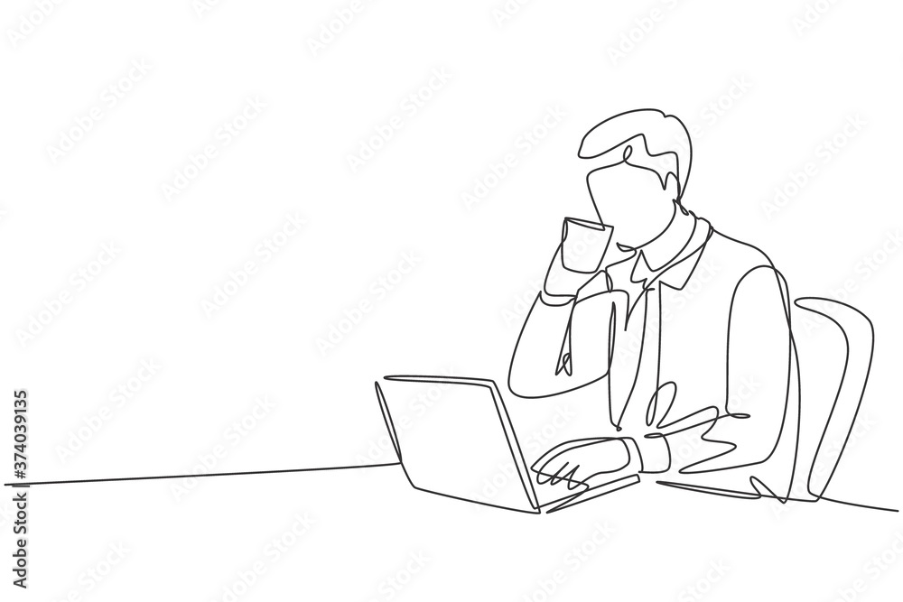 Single continuous line drawing of young happy manager checking report from team member while he enjoy to drink a cup of coffee at office. Drinking tea concept one line draw design vector illustration