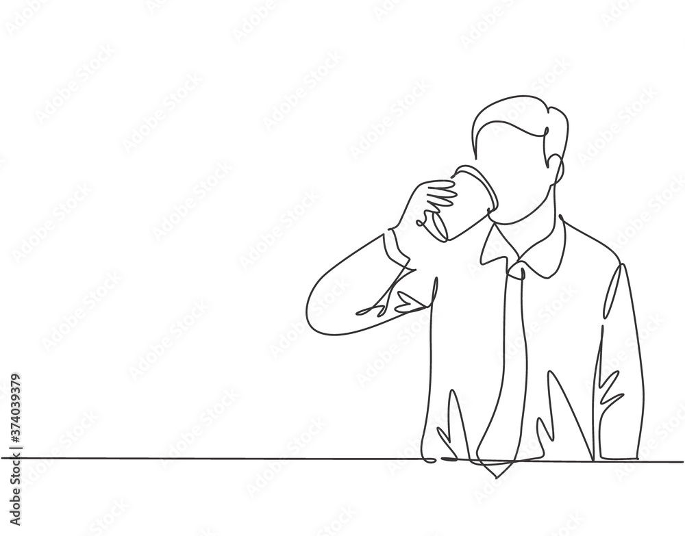 Single continuous line drawing of young thirsty worker take a drink while office break at canteen. Drinking coffee or tea concept. Trendy one line draw cartoon design vector illustration