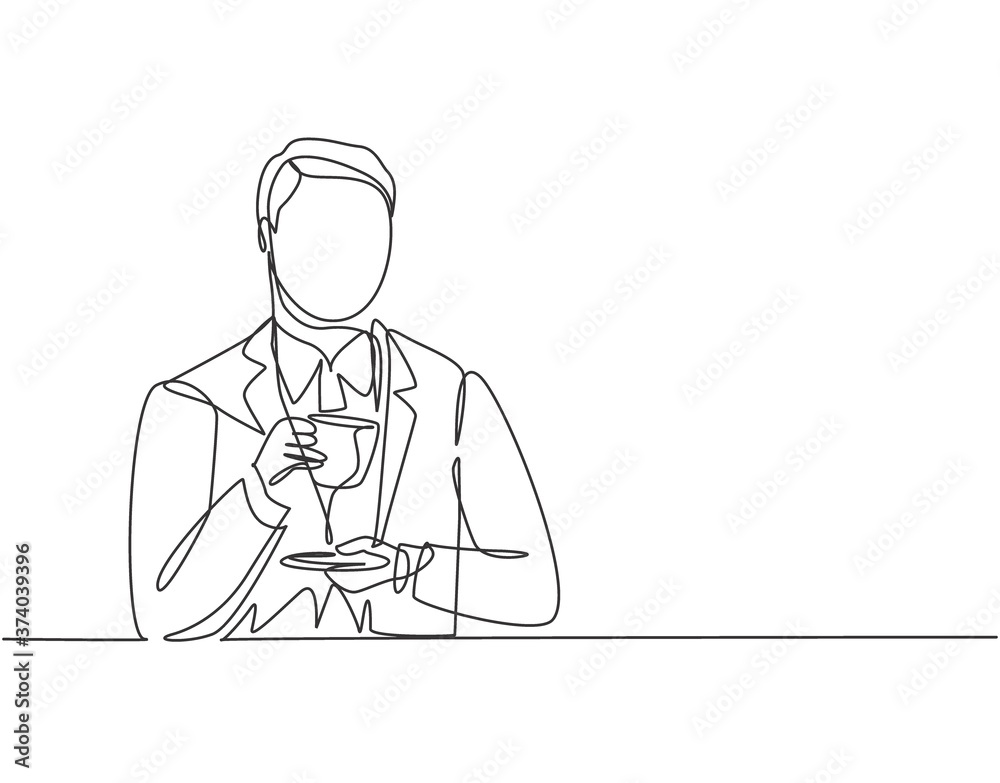 One continuous line drawing of young happy business man thinking business ideas while enjoying and holding a cup of coffee. Drinking coffee or tea concept graphic design vector illustration