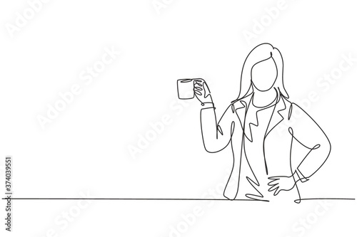 One continuous line drawing of young business manager in casual suite take a standing pose while holding a cup of coffee drink. Drinking tea concept single line vector draw design graphic illustration