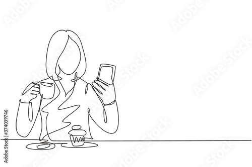 One continuous line drawing of young female college student take a selfie while order a cup of coffee and cupcake at cafe. Drinking tea concept single line draw graphic design vector illustration