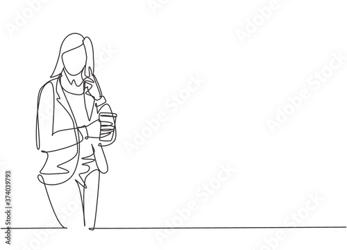 One continuous line drawing of young female marketing manager discuss sales strategy on phone while holding a cup of coffee. Drinking tea concept single line draw graphic design vector illustration