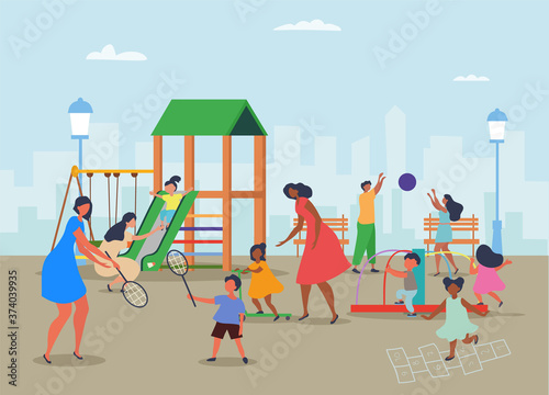 Diverse mothers with group of children at a playground engaged in various activities with cityscape backdrop, colored vector illustration