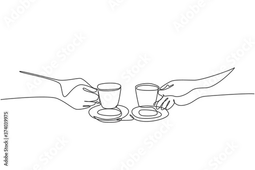 One single line drawing of young male and female couple enjoying a cup of coffee together at coffee shop. Romantic date drinking coffee concept continuous line draw design illustration