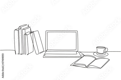 One continuous line drawing of stack of books line up with computer laptop, book and a cup of coffee. Study space desk concept. Single line draw design vector illustration