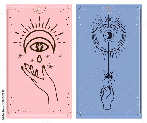 moon and sun Hands, Vintage Fortune Teller Hand with palm reading chart. Sketch graphic illustration with mystic and occult hand drawn symbols. astrological and esoteric concept.
