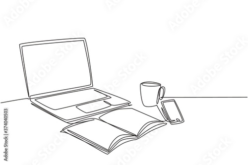 One single line drawing of computer laptop, smartphone and a cup of coffee and at business office desk. Work space table concept. Continuous line draw graphic design vector illustration