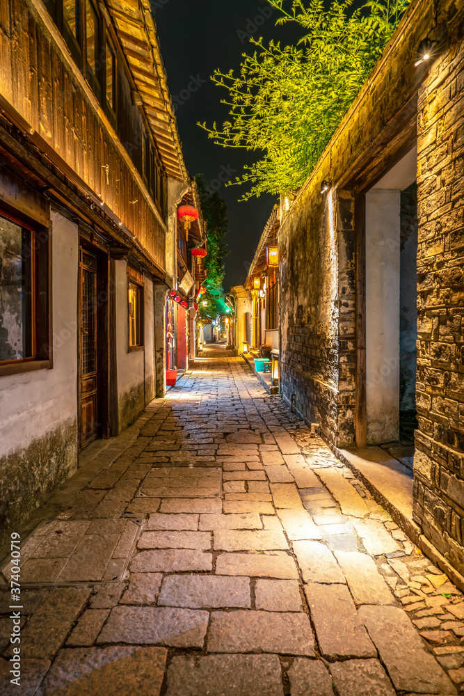 At night, the streets of Zhouzhuang Ancient Town, Suzhou, China