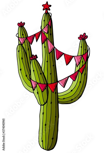 Cactus decorated with holiday flags and stars. White background, isolator. Cartoon style. Stock illustration.