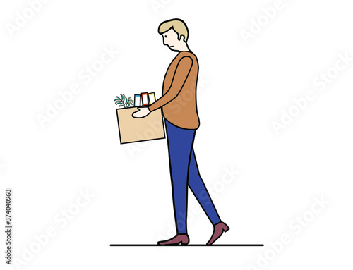 Unemployed and loss job from economic crisis. Jobless businessman carry personal stuff box and leave company.
