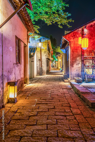 At night  the streets of Zhouzhuang Ancient Town  Suzhou  China