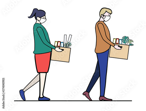 Unemployed and loss job from covid-19 coronavirus economic crisis. Jobless businessman with face masks carry personal stuff box and leave company