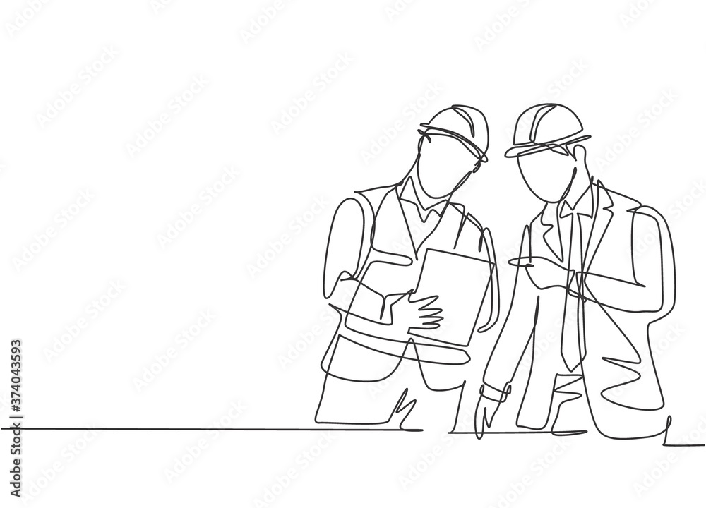 One single line drawing of young construction manager giving instruction to foreman coordinator. Building architecture business concept. Continuous line draw design vector graphic illustration