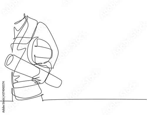 Single continuous line drawing of young architect holding helmet and blueprint roll paper. Building architecture business concept. One line draw design illustration vector graphic